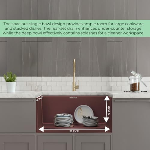 Image of BASINQU Quartz Kitchen Sink 21x18x9 Inches Quartz Brown | Granite Sink For Kitchen Basin UV Protected, Granite Scratch Resistant, Undermount /Topmount Kitchen Sinks