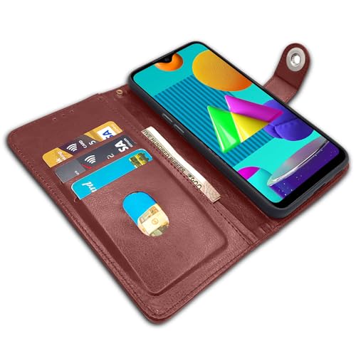 Image of Pikkme Samsung Galaxy M01 Flip Cover Leather Finish | Inside TPU with Card Pockets | Wallet Stand and Shock Proof | Complete Protection Flip Case (Button Brown)