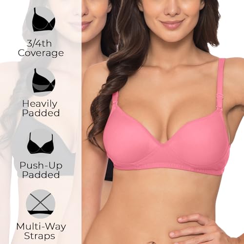 Image of Komli - Heavily Padded Push-Up Bra - Cotton Rich - Balconette - 3 /4th Coverage, Seamless, Wireless, Multiway Straps - T-Shirt Bra (Pack of 2)