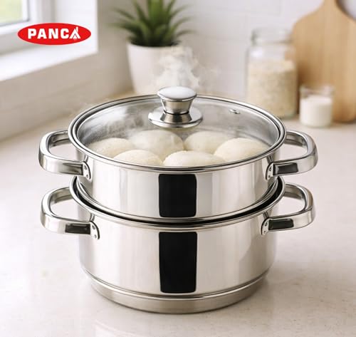 Image of PANCA Idli Maker Steamer Stainless Steel | 2 Tier Idly Cooker with Glass Lid | 18 cm Small Steamer for Momo, Dhokla, Idiyappam & Vegetables | Induction Base (Steamer 2 Tier)