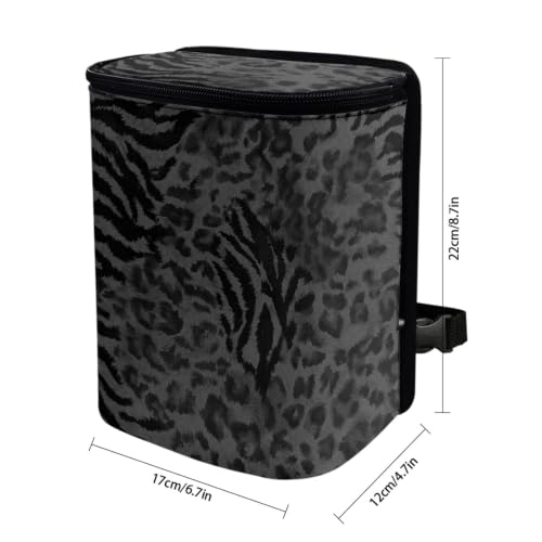 Image of Black Leopard Car Trash Can, Waterproof Car Garbage Can with Lid and Zip Clouse, Leak Proof Portable Car Trash Bag Hanging Vehicle Organizer