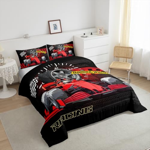 Image of Feelyou Kids Race Car Bedding Set Queen Size, Red Racing Car Duvet Insert Karting Road Comforter Set Boys Girls Teens Bedroom Decor 3Pcs