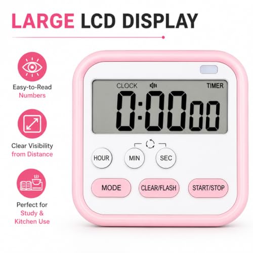 Image of Digital Magnetic Multi-Function Timer Clock with Large LCD Display, Loud Alarm, Retractable Stand, Stopwatch Stand Hanging Hole, Countdown Flashing Light, Dual-Purpose Time Management Clock (Pink)