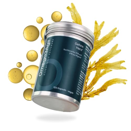 AgilNature Omega3Agil 120 Kapseln, 2-4 Monats-Ration – Veganes Omega-3 aus Algenöl für Herz & Gehirn, Für dein Wohlbefinden, Nachhaltige Algenölquelle, 100% vegan