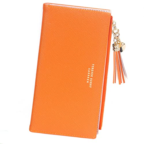 Image of SUMGOGO Wallets for Women Slim Clutch Purse Handbag Card Holder Womens Long Tassel Zipper Pocket Fashion Taiga Leather Billfold Wallet (Orange)