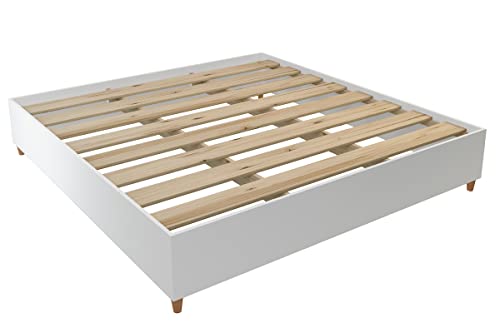 King Platform | Wood Slat Support |White With Walnut Details Bed, #TOP2