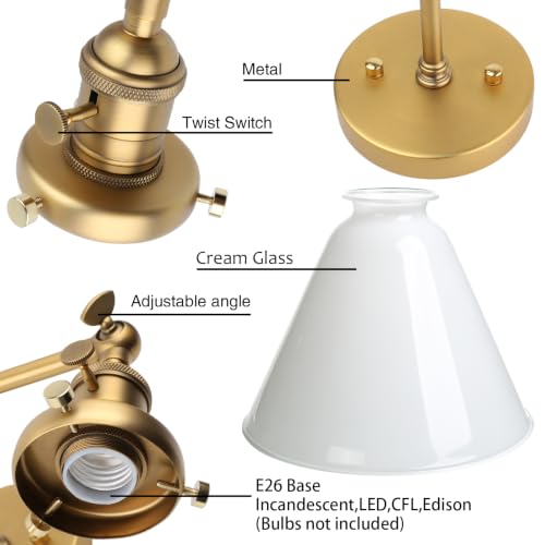 Image of Double Sconce Vintage Industrial Gold 2-Lights Wall Sconces with Funnel Flared Glass Milk Glass Shade Antique Scocne for Bathroom Living Room Home Office