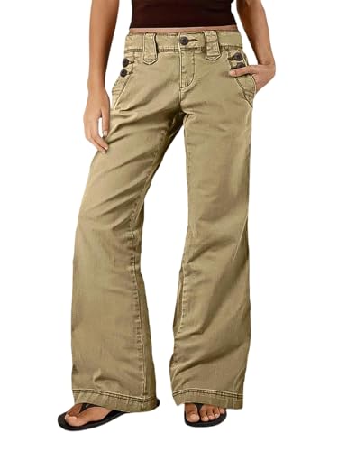 Flamingals Straight Leg Mid Waist Solid Buttoned Pocket Casual Pants for Women