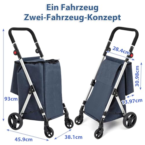 LEUYA ABC Einkaufstrolley, 46L Trolly Einkaufswagen Klappbar, 4 Rädern Aluminium Leichtgewicht Einkaufstrolley, mit Isolierter Kühltasche, Stabil und Leicht zu Verstauen Einkaufswagen (Blau) – Bild 6
