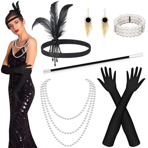 Alintor 20er Jahre Accessoires, 1920er Jahre Kostüm Damen Accessoires, Charleston Flapper Kleid 20er Jahre, Perfekte für Federboa Schwarz, Karneval, Fasching, Charleston Gatsby