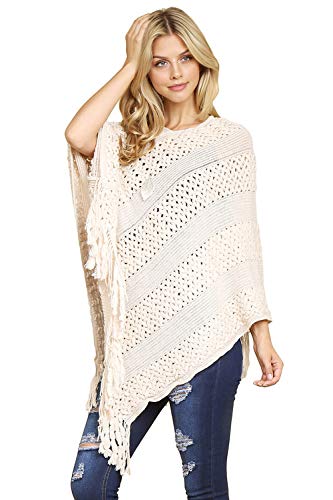 Classic Soft Knit Poncho Shawl Wrap - Basic Warm Pullover Fringe Tassel Sweater Chunky Crochet, Plain V-Neck, Turtleneck (Crochet - Ivory)
