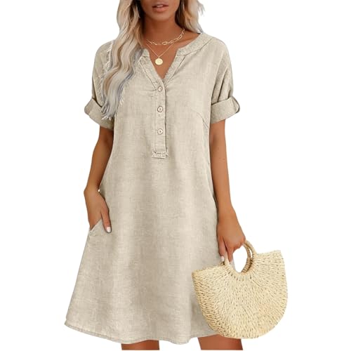 2026 Cotton Linen Dresses for Women Plus Size V Neck Short Sleeve Button Midi Boho Dress Flowy Casual Ladies A Line T-Shirt Sundresses Gauze with Pockets Summer Spring Church Travel Clothes Khaki