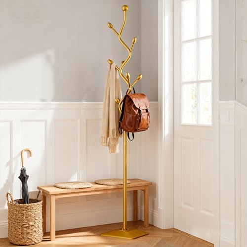 BUZUEY Porte-Manteau sur Pied en métal en forme d'arbre, Design Moderne,8 Crochets Robustes, Base Lourde et Stable, Porte-Chapeaux et Vestes pour Entrée, Bureau, Chambre (doré)