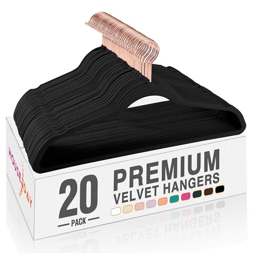 Image of HOUSE DAY Velvet Hangers 20 Pack, Premium Clothes Hangers Non-Slip Felt Hangers, Sturdy Black Hangers Heavy Duty Coat Hangers, Durable Suit Hangers, Space Saving 360 Rotating Rose Gold Hook