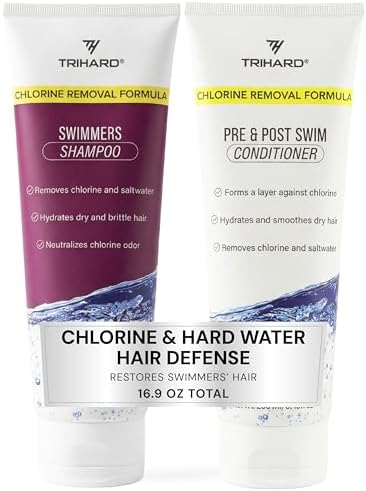 TRIHARD Swim Shampoo and Conditioner Chlorine Removal for Swimmers, Kids and Adults - Pre Swim Hair Protection and Post Swim Hair Care with Botanicals - Moisturizing, Repairing, Soothing Itchy Scalp