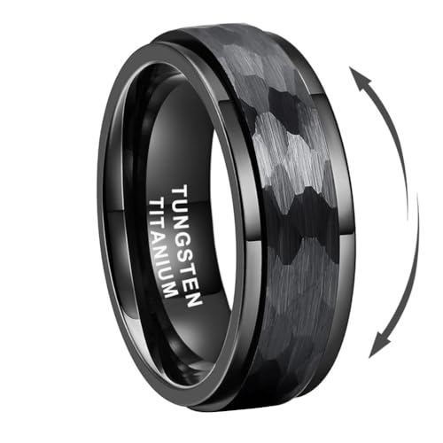 8mm Silver/Black/Gold Spinner Tungsten Titanium Fidget Rings for Men Women Anxiety Released Hammered Design Engagement Wedding Band Stepped Edges Comfort Fit