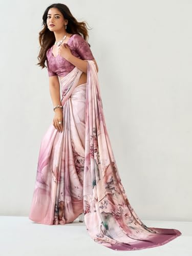 Image of Satrani Women's Satin Digital Printed Saree with Unstitched Blouse Piece