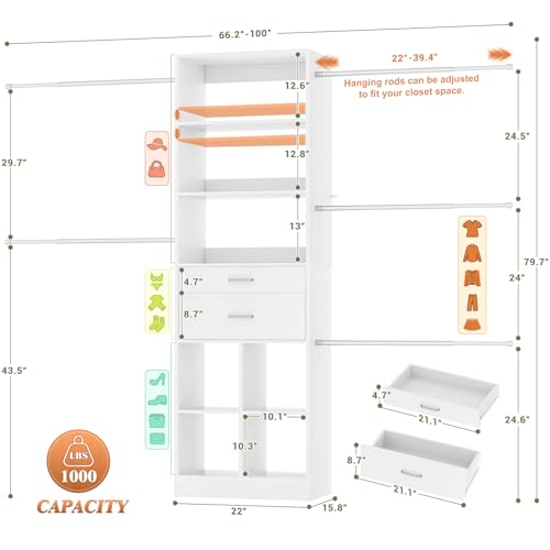 Besiost Closet System, 4-8 FT Closet Organizer Tower with 2 Wooden Drawers and 5 Hanging Rods, Can Fit 60 to 96 inch Walk-in Closet System, White - Image 3