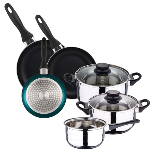 Batería de cocina 5pc acero inoxidable + Set 3 sartenes Ø16Ø20Ø24 aluminio prensado, azul metalizado