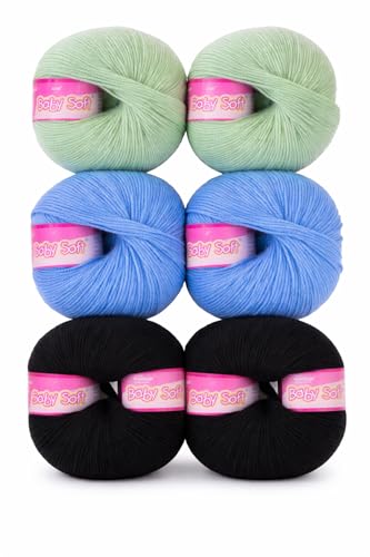 Image of Vardhman BabySoft Knitting Yarn | 100% Acrylic Wool | 4 Ply | Thin Knitting & Crocheting Hook Thread & Lightweight | Special Baby Wool | 150 Grams (6 Balls of 25g) | Machine Washable | Ideal for Blankets, Hats, Booties Ultra-Soft for Baby Sweaters, Blankets, Caps, Socks, Soft toys, Art & craft (Steel Blue 78 + Sea Green 8 + Black 21)