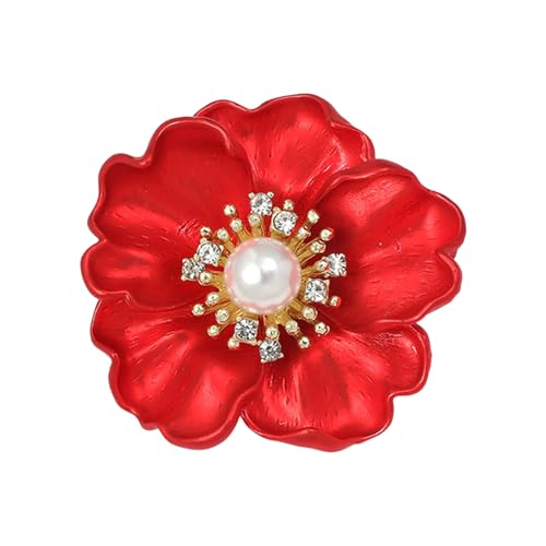 Wilitto Spilla decorata con strass a forma di fiore rosso, spilla a forma di peonia, per abito da donna, cappotto, abito da sera, Metallo, Pietra secondaria