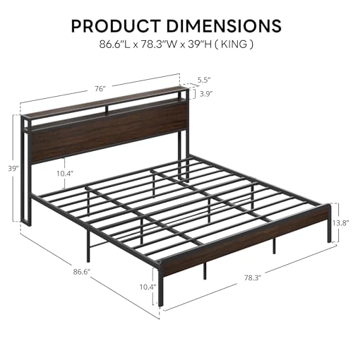 Image of LIKIMIO King Bed Frame with Headboard, Dark Wood Camas King with Strong Supports, Sturdy, Noise-Free, No Box Spring Needed, Dark Brown