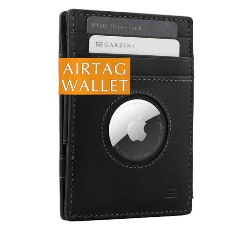 GARZINI Magic AirTag Wallet, Mens Wallet with Airtag Holder, Minimalist Wallet with RFID card holder, Leather Wallet for 10 cards, Carbon Black