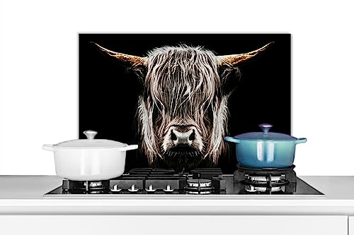 KitchenYeah© Spritzschutz Küchenrückwand Platte Küchen Zubehör Aluminium Platte Herd Spritzschutz WandverkleidungSchottisches Hochlandrind - Gold - Fell - Kuh - 60x40 cm