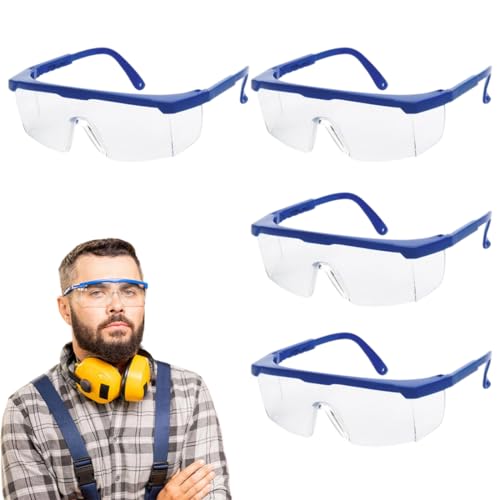 GNALIA 4 Piezas Gafas Proteccion Trabajo Para Niños, Gafas Seguridad Infantiles Ligeras Con Correas Ajustables, Antiarraganzos Tamaño Universal 15X5 Cm, Color Azul