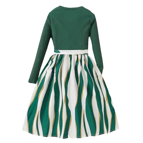 Girls' Long - Sleeve Dress for Spring and Autumn: Green Knit Top with Striped Skirt and Bow 7-13 Years2
