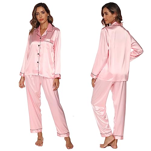 Nofaner Silkessyjamas för kvinnor, dampyjamas, silke, satin, pyjamas, långärmad, nattkläder, myskläder för alla årstider, 2-delat pyjamasset, UK S-XL, Rosa, XL