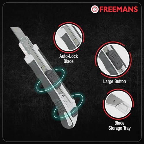 Image of FREEMANS 18mm Self-Loading Snap Off Cutter with Bi-Material Soft Rubbered Handle Grip, 3 Cutter Blades & Blade Storage Tray, Auto Lock Blade, Paper Cutter Blade For Office /Home /School Purpose