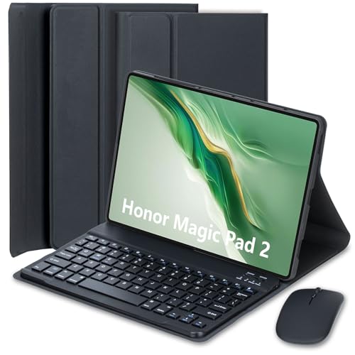 HEKUEUN Funda con Teclado para Honor Magic Pad 2 12,3 Pulgadas Tableta, Español Ñ Teclado Bluetooth Inalámbrico Magnético Desmontable, Funda Tipo Folio Ultrafina Y Ligera con Ratón