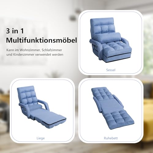 COSTWAY Bodenstuhl mit Schlaffunktion, Bodensofa mit Verstellbarer Rückenlehne, gepolstertes Klappsofa mit Armlehnen und Kissen, Bodensessel, Bodenstuhlsofa für Zuhause und Büro (Blau) – Bild 5