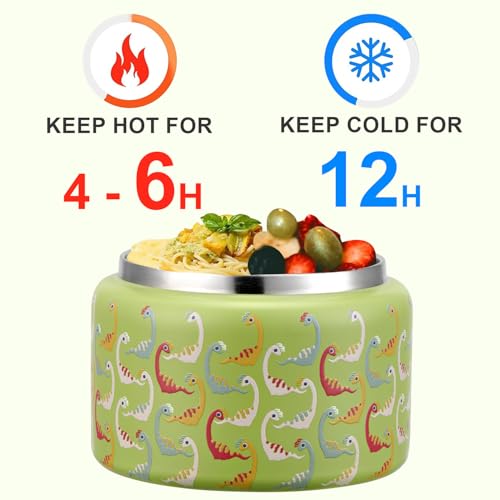 Image of JXXM 8 Oz Thermo Food Jar for Hot & Cold Food for Kids, Insulated Lunch Containers Hot Food Jar,Leak-Proof Vacuum Stainless Steel Wide Mouth Lunch Soup Thermo for School (Green-Colorful Dinosaur)