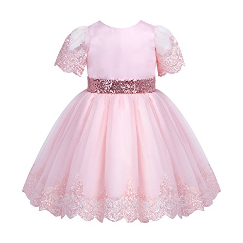 Agoky Baby Flower Girls Floral Embroidered Christening Baptism Formal Ball Gown Dress Pink Sequined 18-24 Months