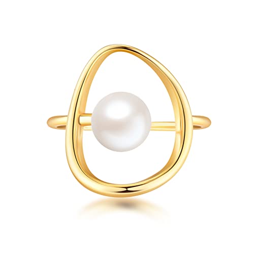 FUNYCHEN Pearl Ring for Women 925 Sterling Silver 14k Gold Plated Ring Mother Daughter Ring Danity Irregular Statement Wedding Band Bridal Ring Graduation Jewelry Birthday Summer Ocean Gifts for Her(Gold, 7)