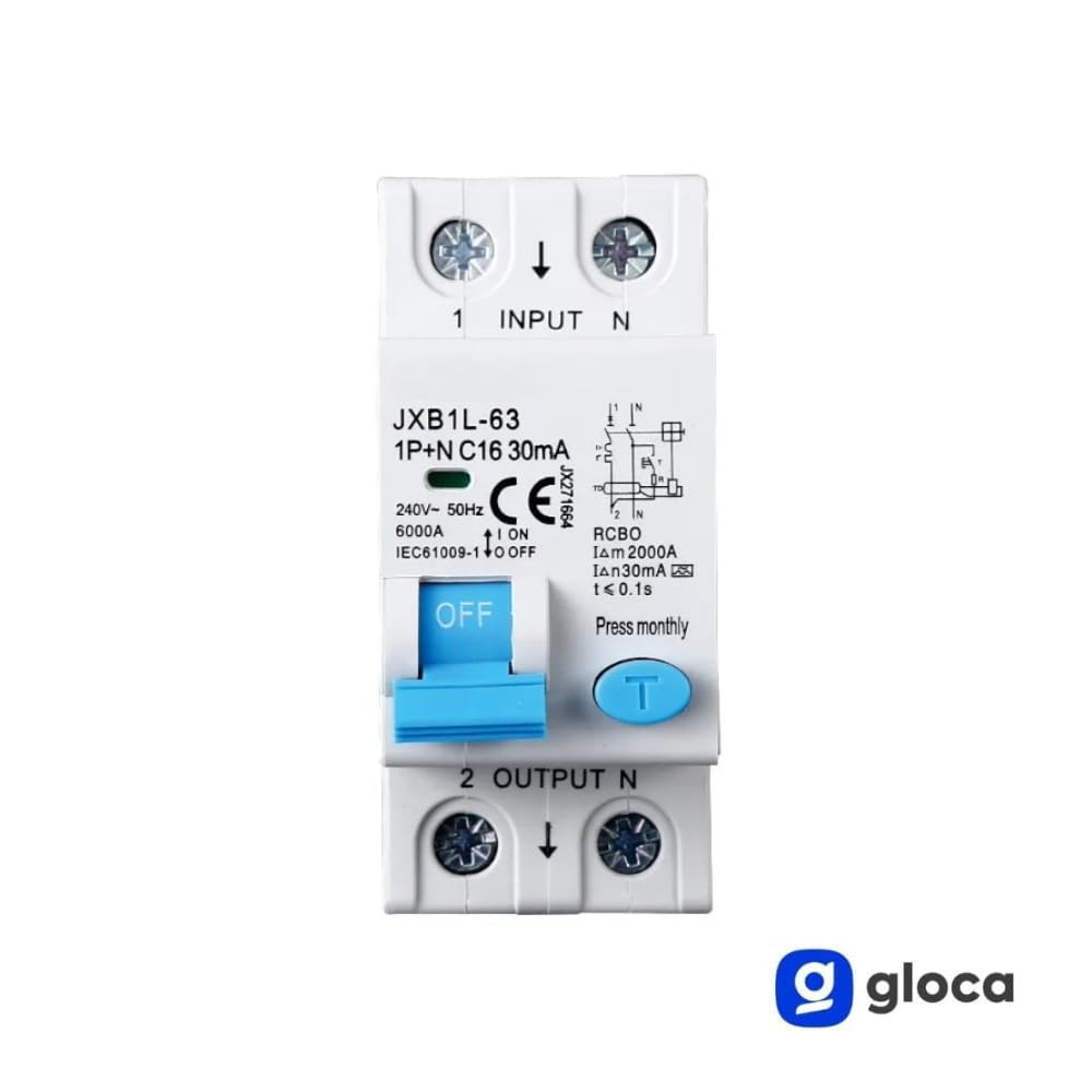 gloca Interruptor magnetotérmico diferencial 1P+N 16A 30mA 220V 6KA 2 módulos DIN C16 Clase A