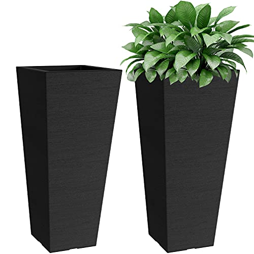 Verel Set of 2 Tall Outdoor Planters – 28 Inch Large Outdoor Planters with Small Planting Pots – Indoor and Outdoor Rectangular Flower Pots for Front Door, Patio and Deck (Black)