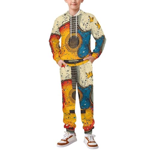 Boys Girls Hoodie Pants Hooded Sweatshirt Sweatpant 2 Piece Clothing Set, Cartoon Guitar Retro