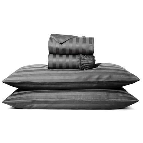 Image of TEXAS LINEN CO. 100% Egyptian Cotton Sheets Queen Size - Luxury 1000 Series Lonestar Lovin' Damask Bed Sheets Queen Size Set (4 PC, Dark Grey Stripe), Cooling, 16 inch Deep Pocket, Sateen Hotel Sheets