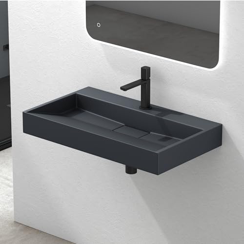Mai & Mai Waschbecken Matt Anthrazit Aufsatzwaschbecken Hängewaschbecken Hängewaschtisch inkl. Ablaufgarnitur Mineralguss Rechteckig Waschplatz 1 Armaturenloch Breite: 80cm