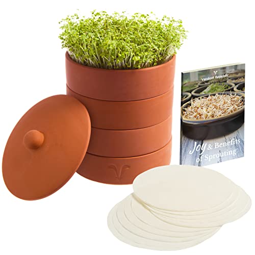 Verdant Republic Kit Germinador de Semillas Cerámico – 3x Bandejas de Germinación Apilables, 10x Discos de Papel y Libro Electrónico – Semilleros de Germinación 2 en 1, Brotes Tiernos y Microvegetales
