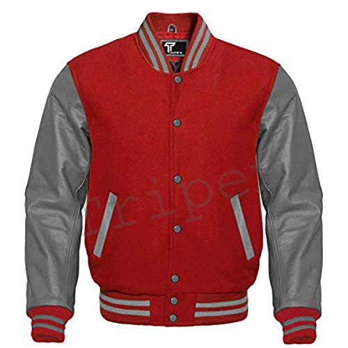Image of Tripex Letterman Baseball School College Bomber Varsity Jacket Wool Blend & Genuine Leather Sleeves (Red Grey, L)