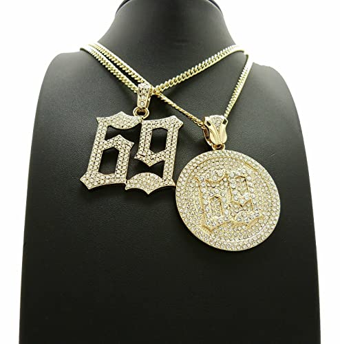 Hip Hop Rapper Style Iced Gold Silver Plated 69 Pendant & 20" 24" Brass Cuban Chain 2 Necklace set3