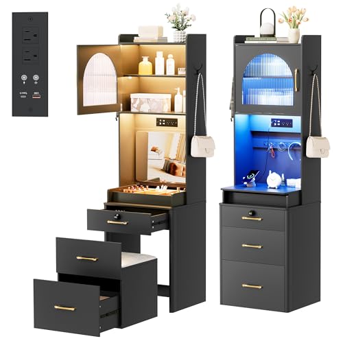 NBYSGO Make Up Vanity Desk with Mirror and Lights, 3 in 1 Tall Makeup Vanity Set with Flip-up Mirror, Jewelry Box, Charging Station, Girls Small Vanity and Storage Chair