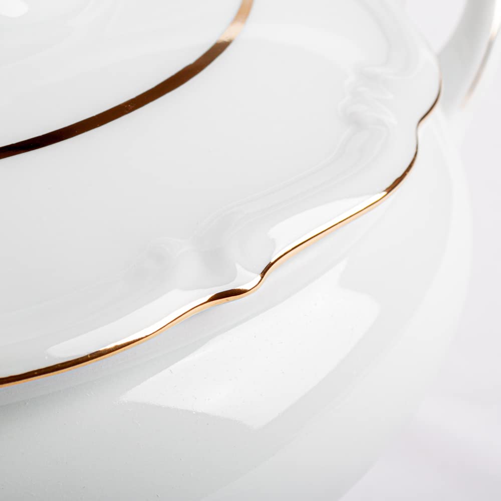 Sopera de porcelana blanca (3 l) Rhein, 1 tapa de porcelana, filo de oro