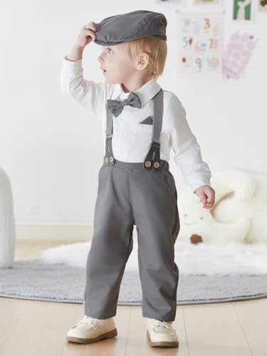 Image of SALNIER Baby Boy Suit Set Infant Formal Outfit Tuxedo | Soft Cotton Shirt Suspenders Pants Bow Tie Beret Hat 5pcs Set, For Wedding Baptism Birthday Party