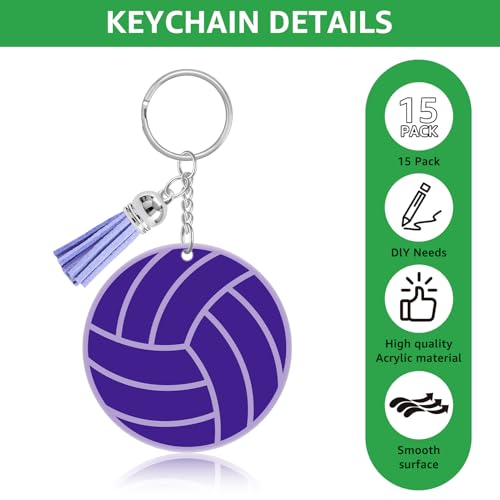 15 Pcs Volleyball Acrylic Keychain Gifts Bulk with Tassel DIY Sports Charms Luggage Bag Tag Travel Suitcases Labels Sports Backpack Tags Purse Bag Accessories for Team Party Players(Purple)3