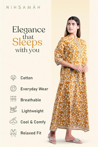 Image of NIHSAMAH Cotton Nighty for Women - XL | Premium Printed Long Cotton Night Gown | Comfortable & Fancy Sleepwear /Nightwear /Maxi Dress (Yellow Colour)